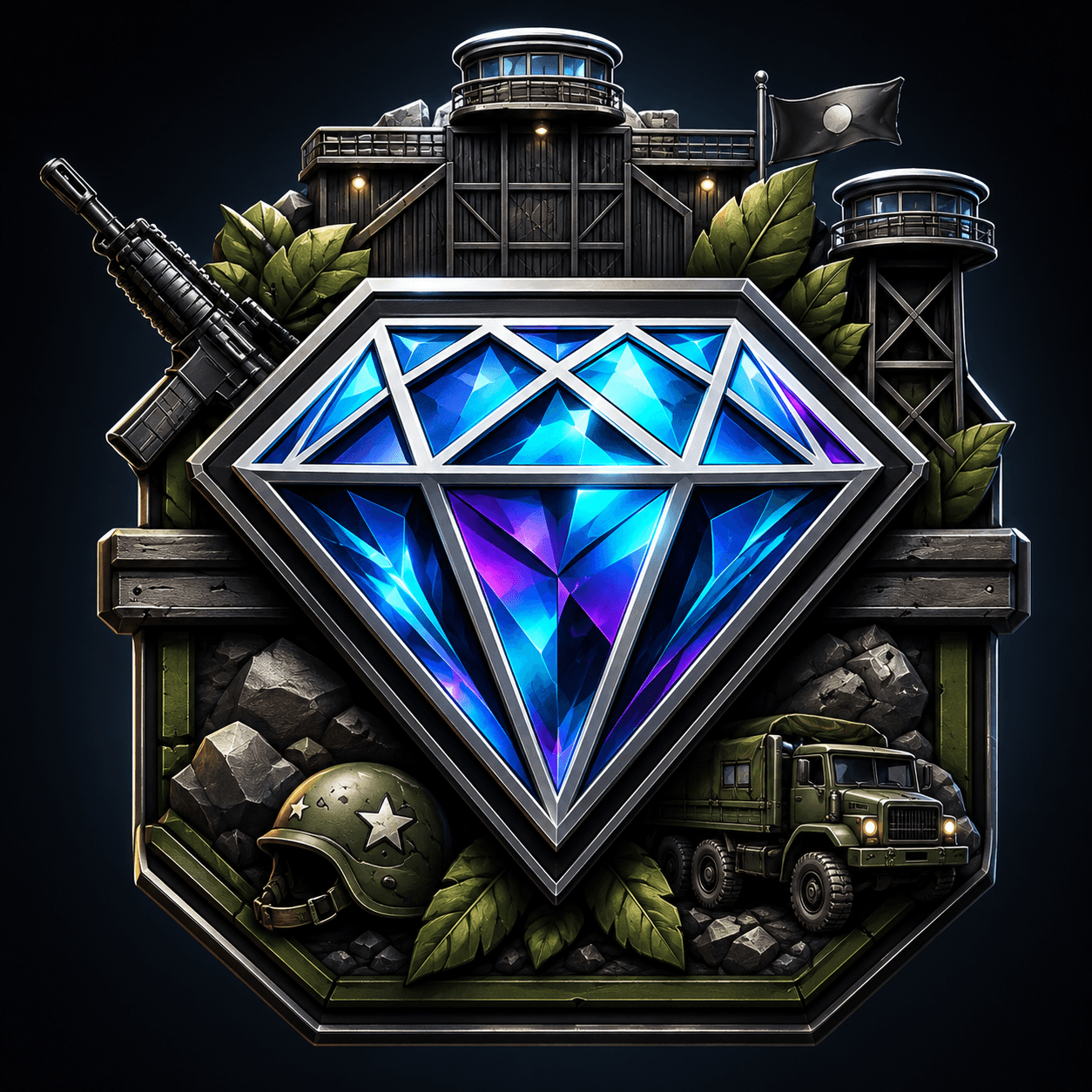 A blue diamond surrounded by military equipment representing Diamond rank