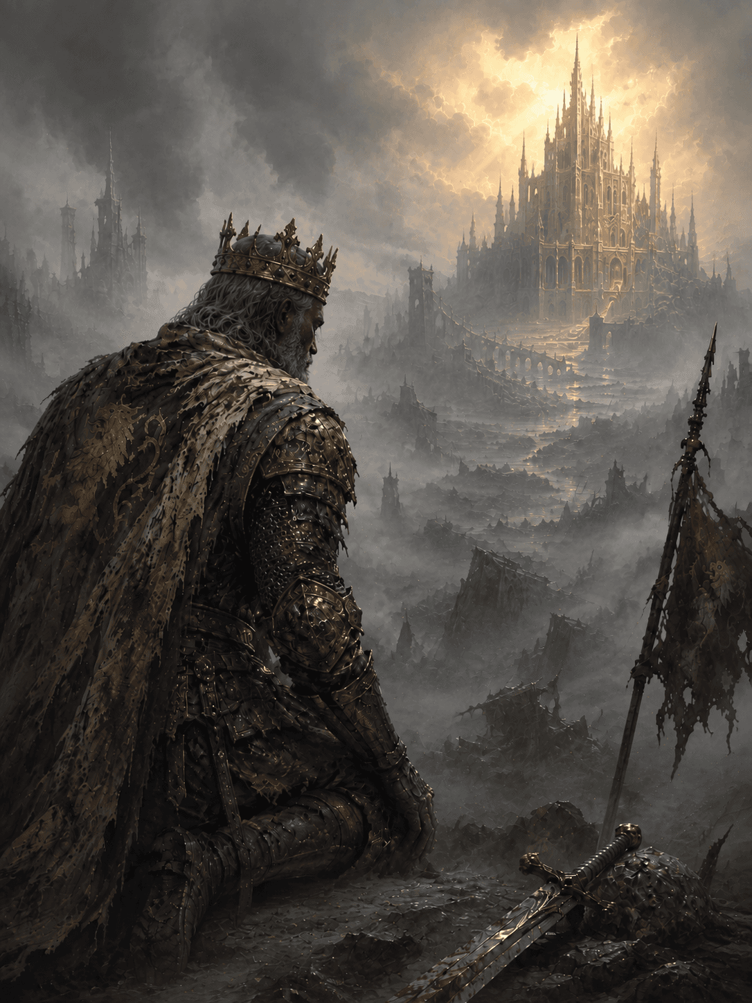 A fallen lord overlooking a dark, ruined kingdom